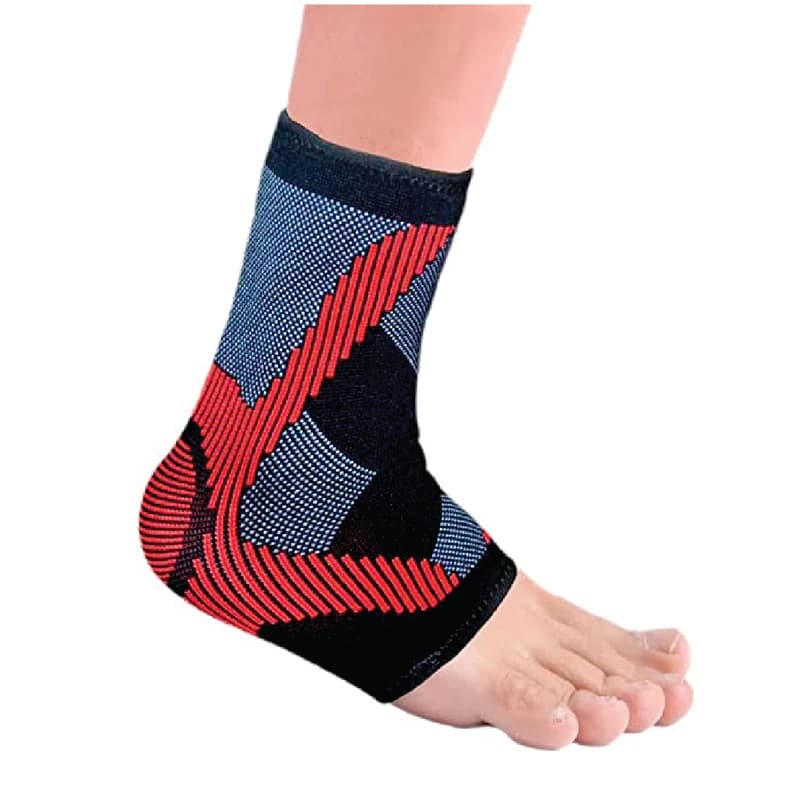Vissco 3D ankle support in black, grey and red, worn on a bare foot